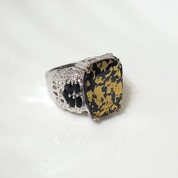 Vintage Sterling Silver 925 Black Goldenite Jade Cocktail Statement Ring - Picture 3 of 13